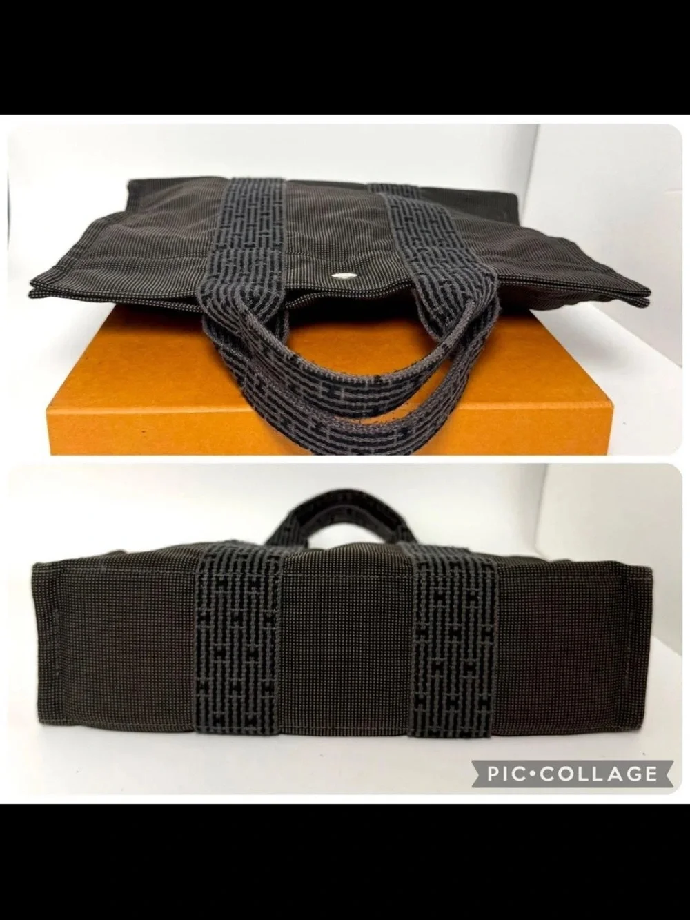 Hermes Dark Gray Canvas Messenger Tote with Webbed Straps